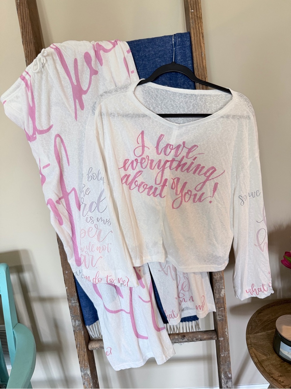Women’s Two-Piece Pajama Set - White with Pink Script